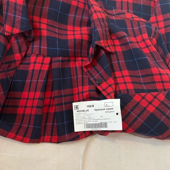 Coconut Woman L Plaid Button Down Shirt Red Navy Blue Checked - Picture 7 of 12
